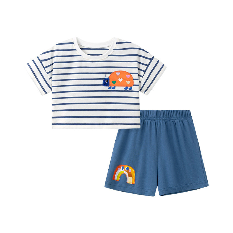 Summer Hot Selling Baby Kids Girls Short Sleeves Cartoon Pattern T-shirt and Shorts Clothing Set-0