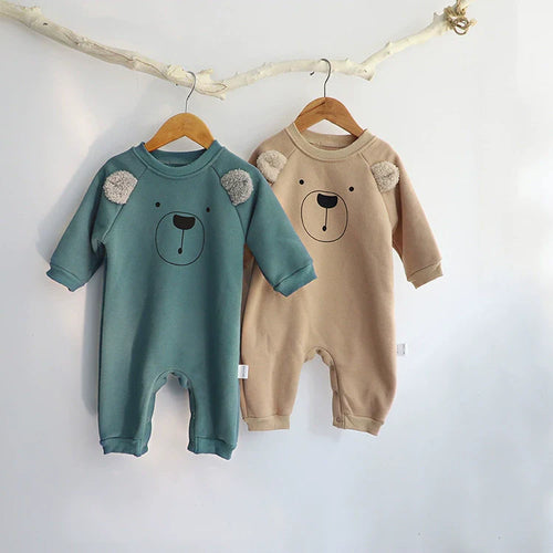 Autumn and Spring Arrival Baby Unisex Long Sleeves Teddy Bear Pattern Cute Rompers