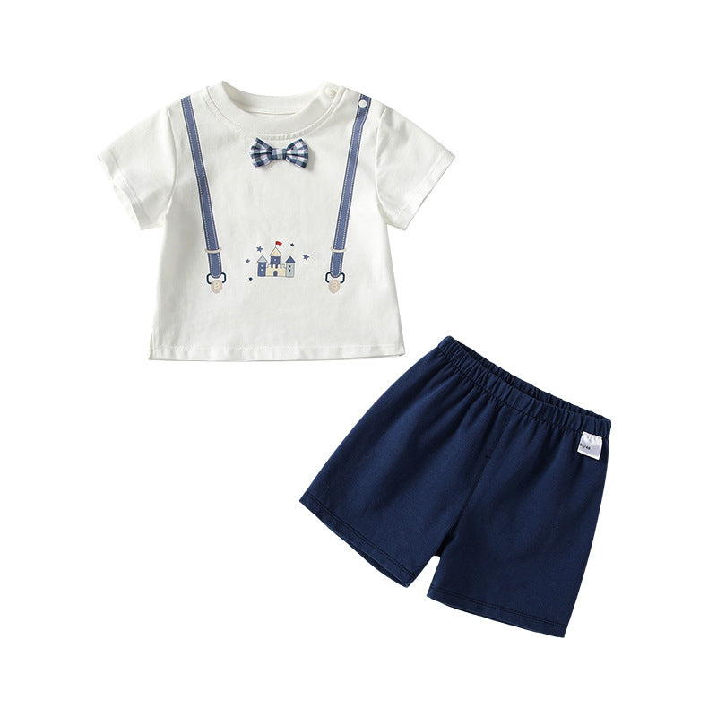 Summer Baby Kids Casual Strap Pattern Short Sleeves Top T-Shirt with Blue Shorts Clothing Set for Boys-0