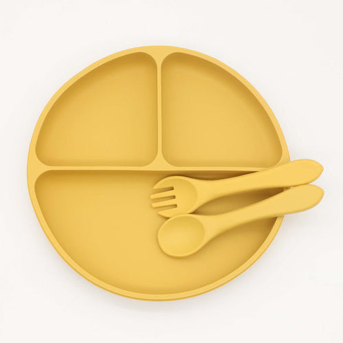 Baby Silicone Round Sucker Compartment Dinner Plate With Spoon Fork