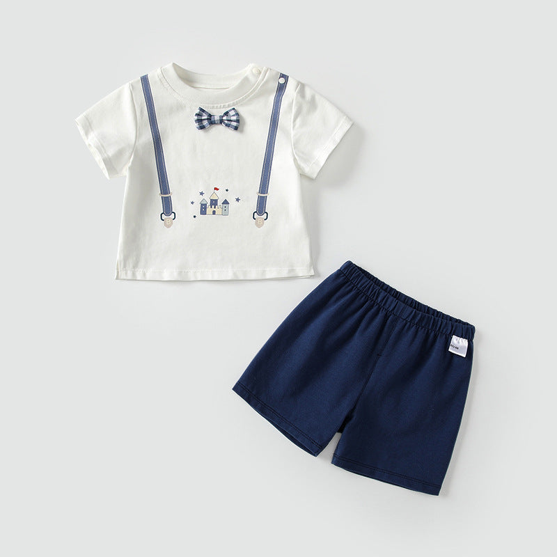 Summer Baby Kids Casual Strap Pattern Short Sleeves Top T-Shirt with Blue Shorts Clothing Set for Boys-4