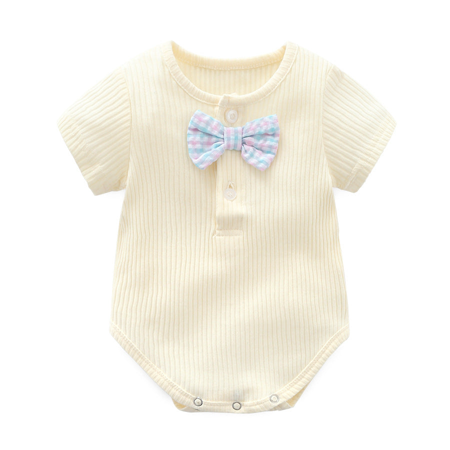 Baby Boy And Girl Solid Color Bow Tie Design Short Sleeve Buttoned bodysuit-5