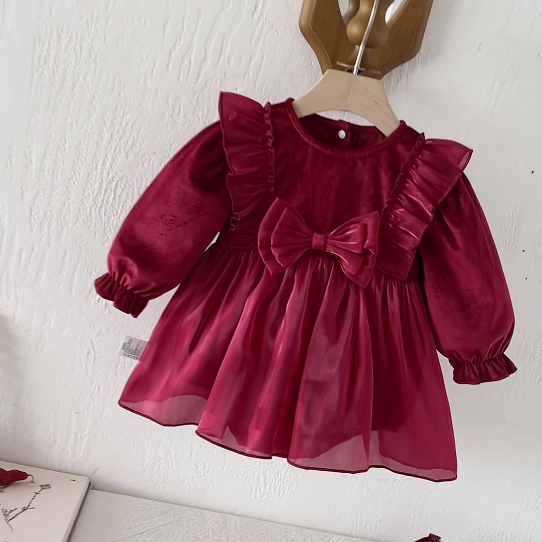 Autumn Arrival Baby Girls Long Sleeves Butterfly-bow Decorated Red bodysuit Dress