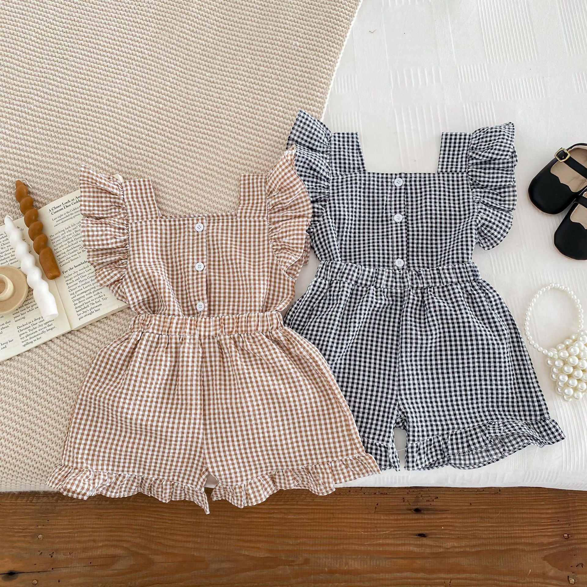 MyKids-USA Summer Girls Plaid Shirt And Shorts Clothing Set-0