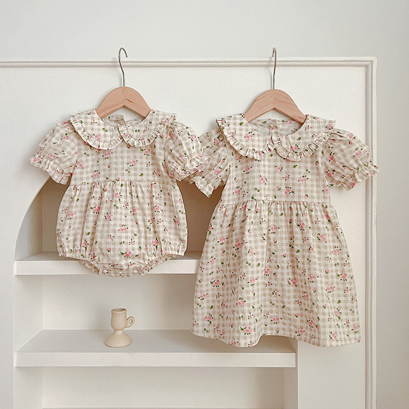 Summer Baby Kids Girls Floral Plaid bodysuit And Girls’ Dress – Princess Sister Matching Set-0