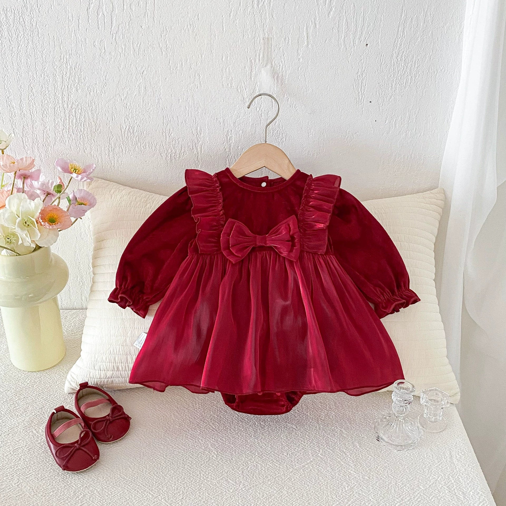 Autumn Arrival Baby Girls Long Sleeves Butterfly-bow Decorated Red bodysuit Dress