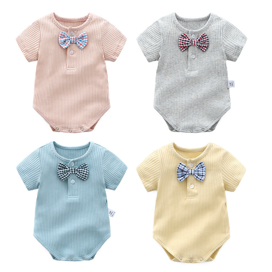 Baby Boy And Girl Solid Color Bow Tie Design Short Sleeve Buttoned bodysuit-0