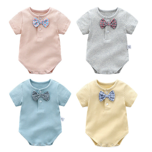 Baby Boy And Girl Solid Color Bow Tie Design Short Sleeve Buttoned bodysuit-0