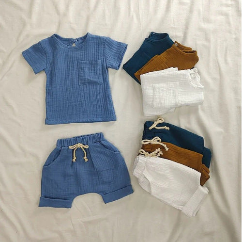 Summer Arrival Baby Kids Short Sleeves Solid Color T-Shirt And Shorts Casual Clothing Set-0