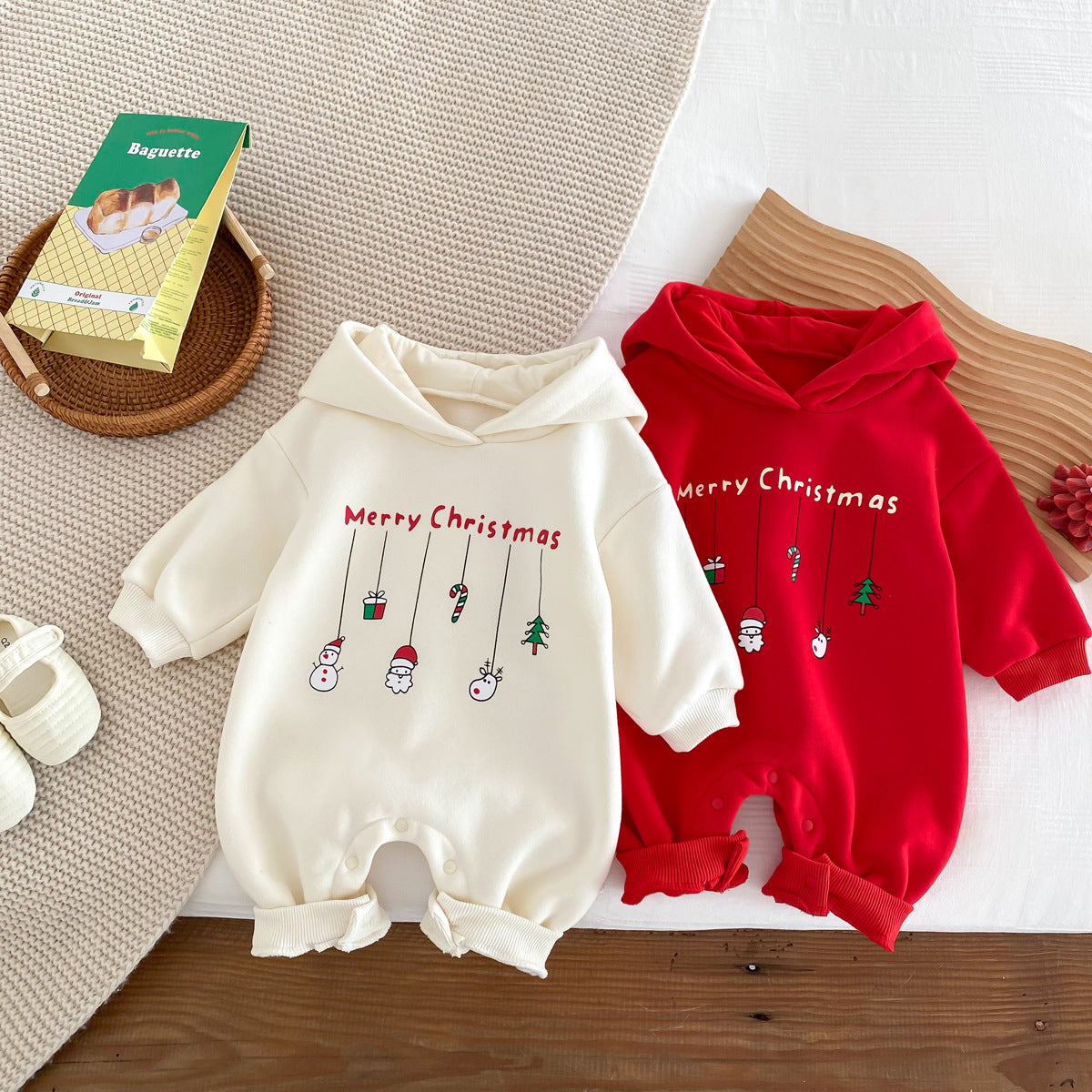 Winter Arrival Baby Unisex Long Sleeves Christmas Cartoon Pattern Fleece-Lined Rompers