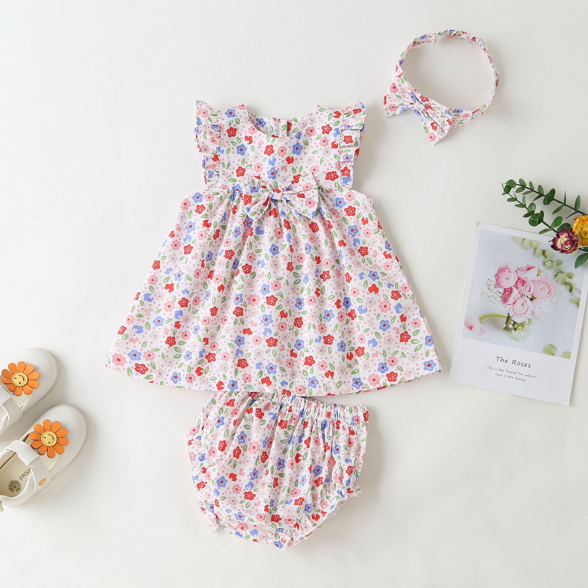 Baby Girls Floral Print Pattern With Bow Tie Design Round Collar Sleeveless Princess Newborn bodysuit Dress